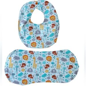 Hand Crafted Newborn Gift Set Bib and Burpcloth Soft Flannel Zoo Animals Theme